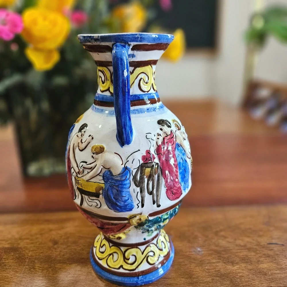 Vtg Italian Majolica Hand Painted Double Handle Urn Vase Mythological Scene